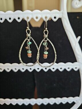 Silpada Turquoise and Wood Bead 925 Silver Hammered Teardrop Earrings